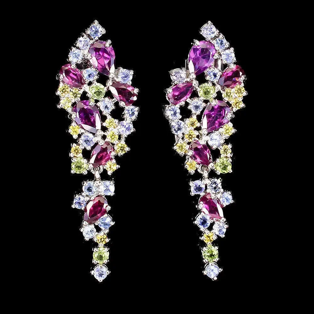 Unheated Pear Rhodolite Peridot Sapphire Tanzanite 925 Sterling Silver Earrings - Picture 2 of 3